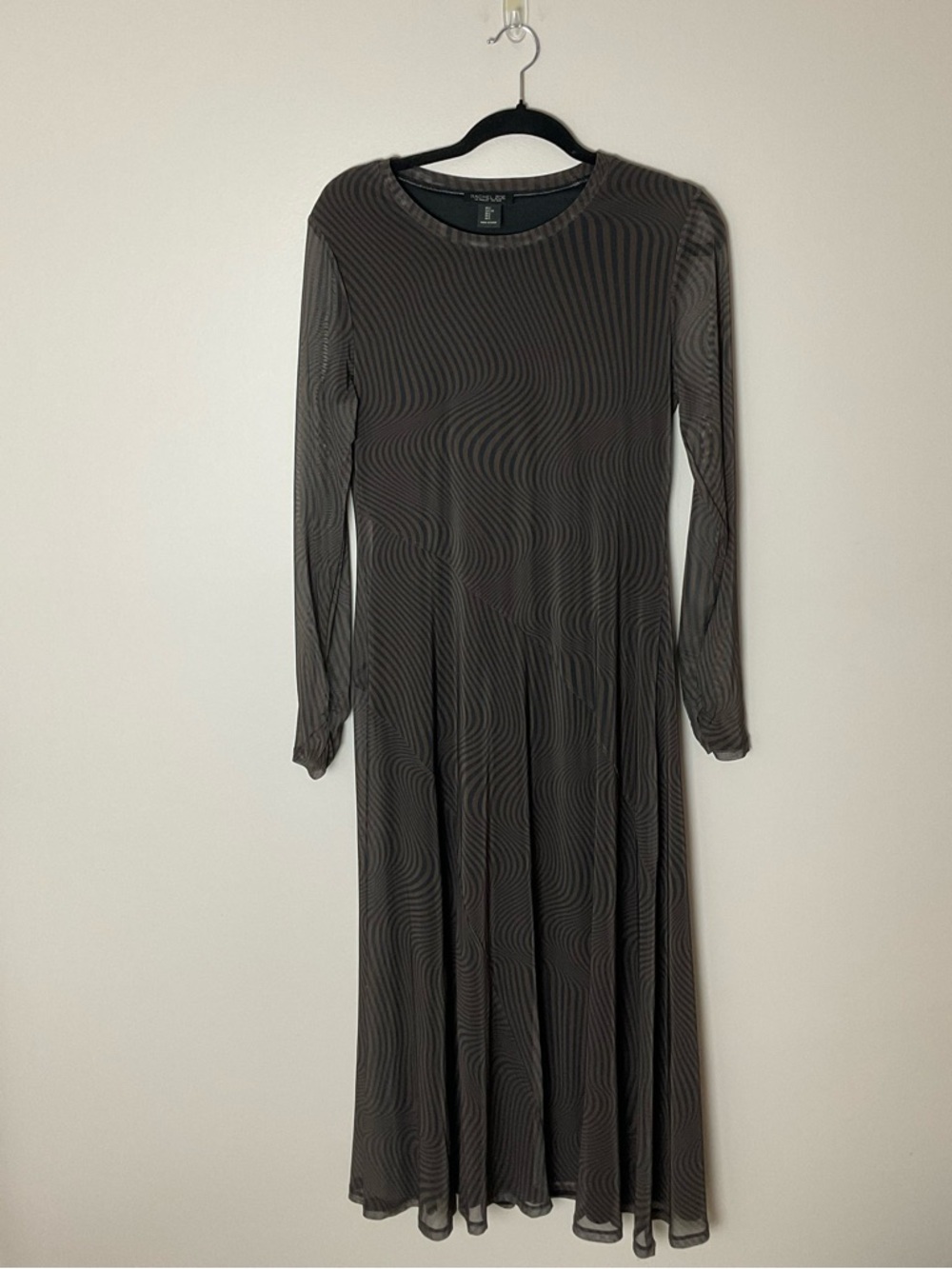 Rachel Zoe Mesh Black Brown Optical Print Midi Dress size L Boho Goth Art Chic